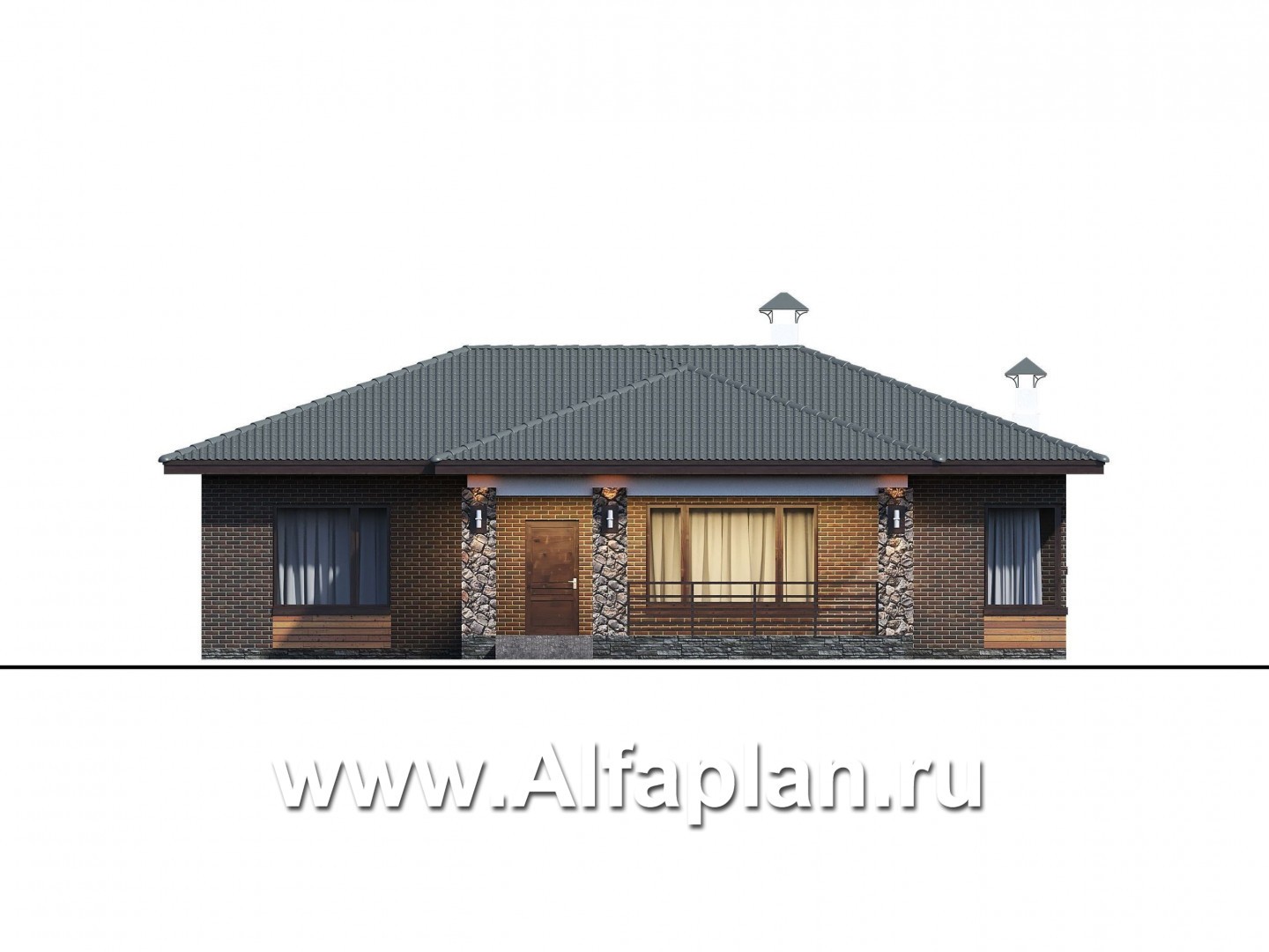 Проекты домов Альфаплан - "Соната" - проект компактного одноэтажного дома с тремя спальням - изображение фасада №1