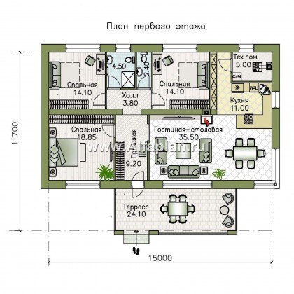 Проекты домов Альфаплан - "Соната" - проект компактного одноэтажного дома с тремя спальням - превью плана проекта №1