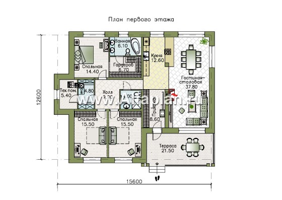 «Риверсайд» - проект одноэтажного дома, с мастер спальня, в стиле хай-тек - превью план дома