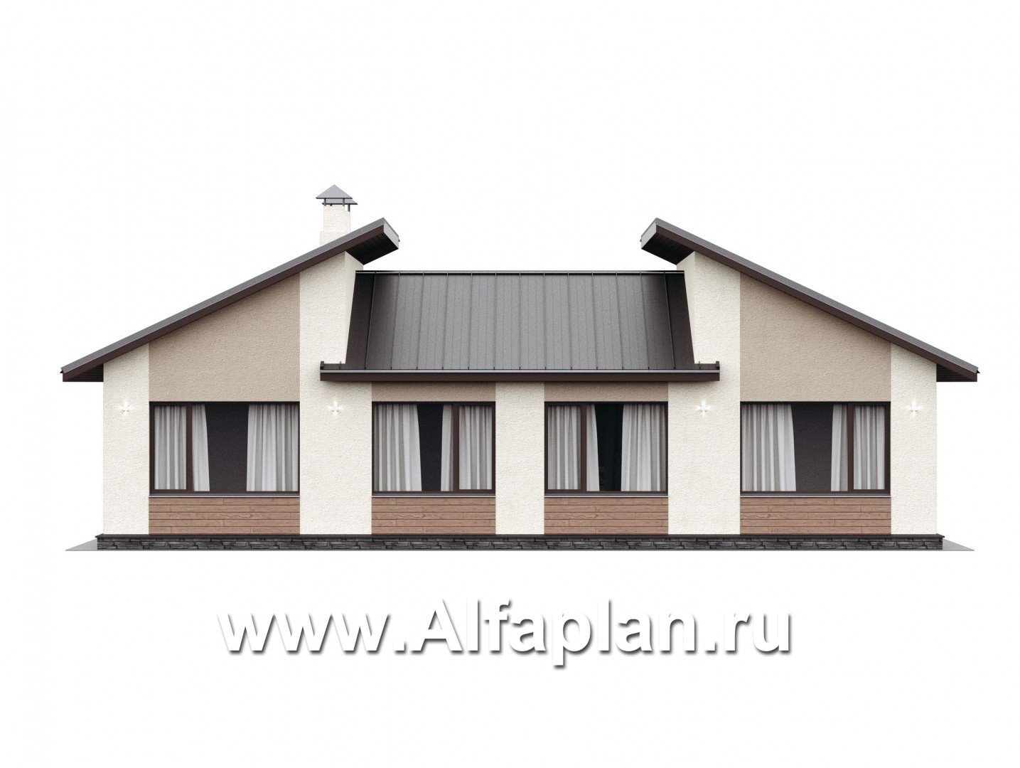 Проекты домов Альфаплан - «Стрельна» - проект одноэтажного дома с 4-мя спальнями, и террасой со стороны входа - изображение фасада №4