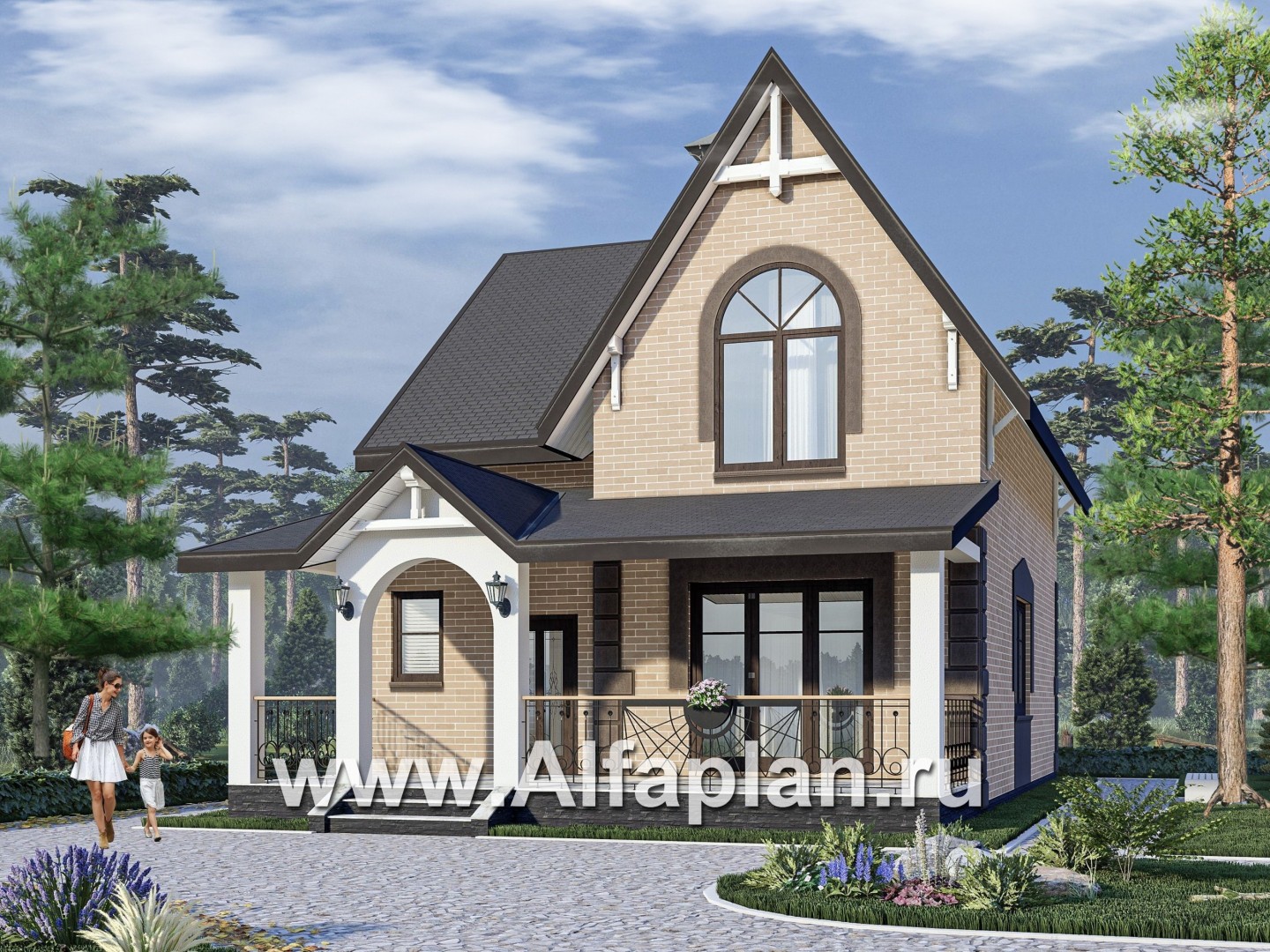 Проект дома с мансардой из газобетона «Оптима», с террасой со стороны входа - основное изображение