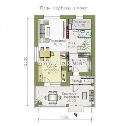 Проекты домов Альфаплан - «Серебро» - проект дома для небольшой семьи, вход с южных направлений - превью плана проекта №1