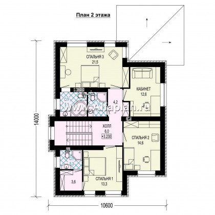 Проект двухэтажного дома, планировка с кабинетом на 1 эт и с террасой, в современном стиле - превью план дома