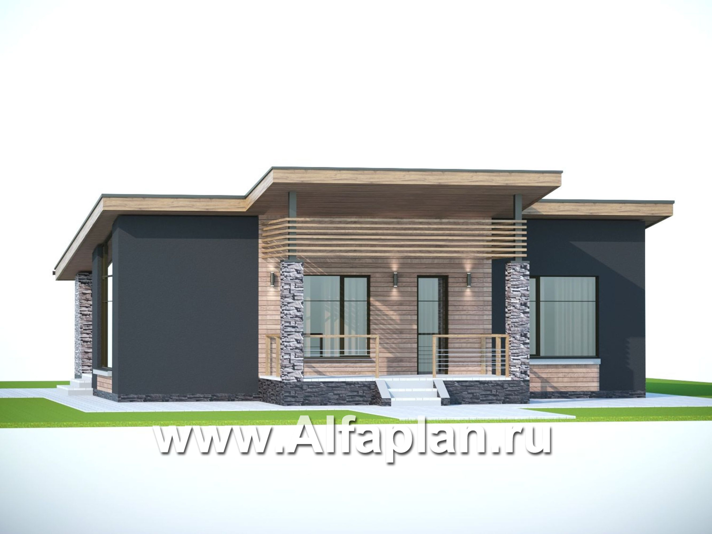 «Корица» - проект одноэтажного дома, с террасой, 2 спальни, с односкатной крышей - дизайн дома №6