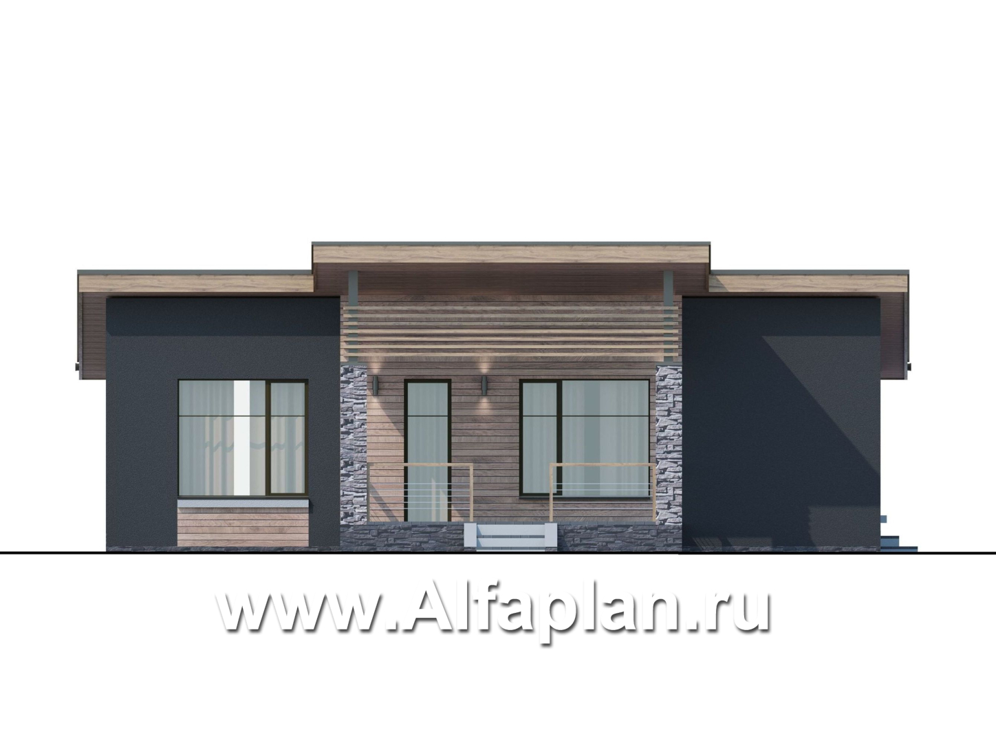«Корица» - проект одноэтажного дома, с террасой, 2 спальни, с односкатной крышей - фасад дома