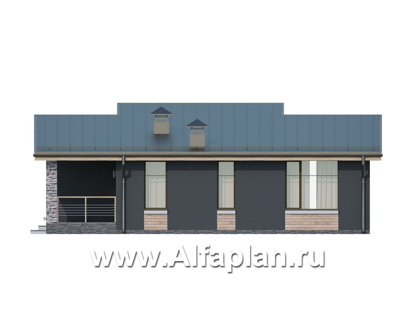 «Корица» - проект одноэтажного дома, с террасой, 2 спальни, с односкатной крышей - фасад дома