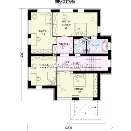 Проект двухэтажного дома, планировка с кабинетом и с гаражом, с террасой - превью план дома