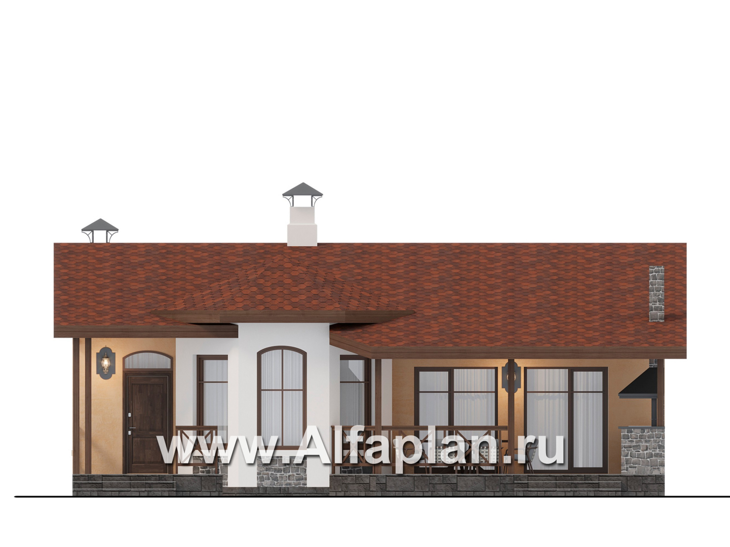«Сорренто» - проект одноэтажного дома, с эркером и террасой со стороны входа, 2 спальни, в средиземноморском стиле - фасад дома