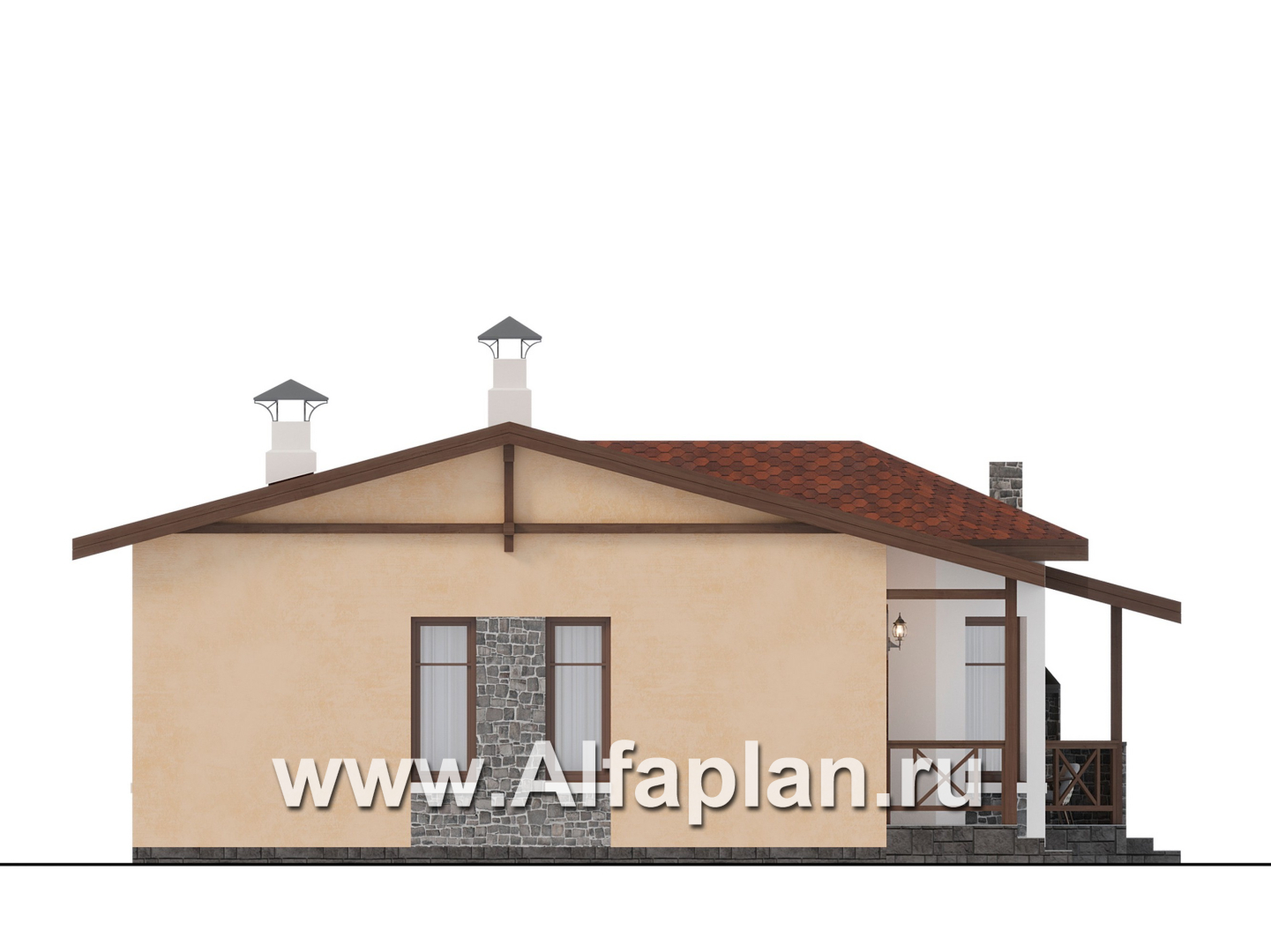 «Сорренто» - проект одноэтажного дома, с эркером и террасой со стороны входа, 2 спальни, в средиземноморском стиле - фасад дома