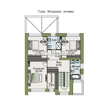 «Эрго» - проект двухэтажного дома 10х10м,  с плоской кровлей, и с террасой - превью план дома