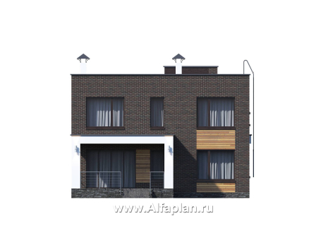 «Эрго» - проект двухэтажного дома 10х10м,  с плоской кровлей, и с террасой - превью фасада дома