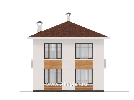 «Остров сокровищ» - проект простого двухэтажного дома из газобетона, терраса с главного фасада - превью фасада дома