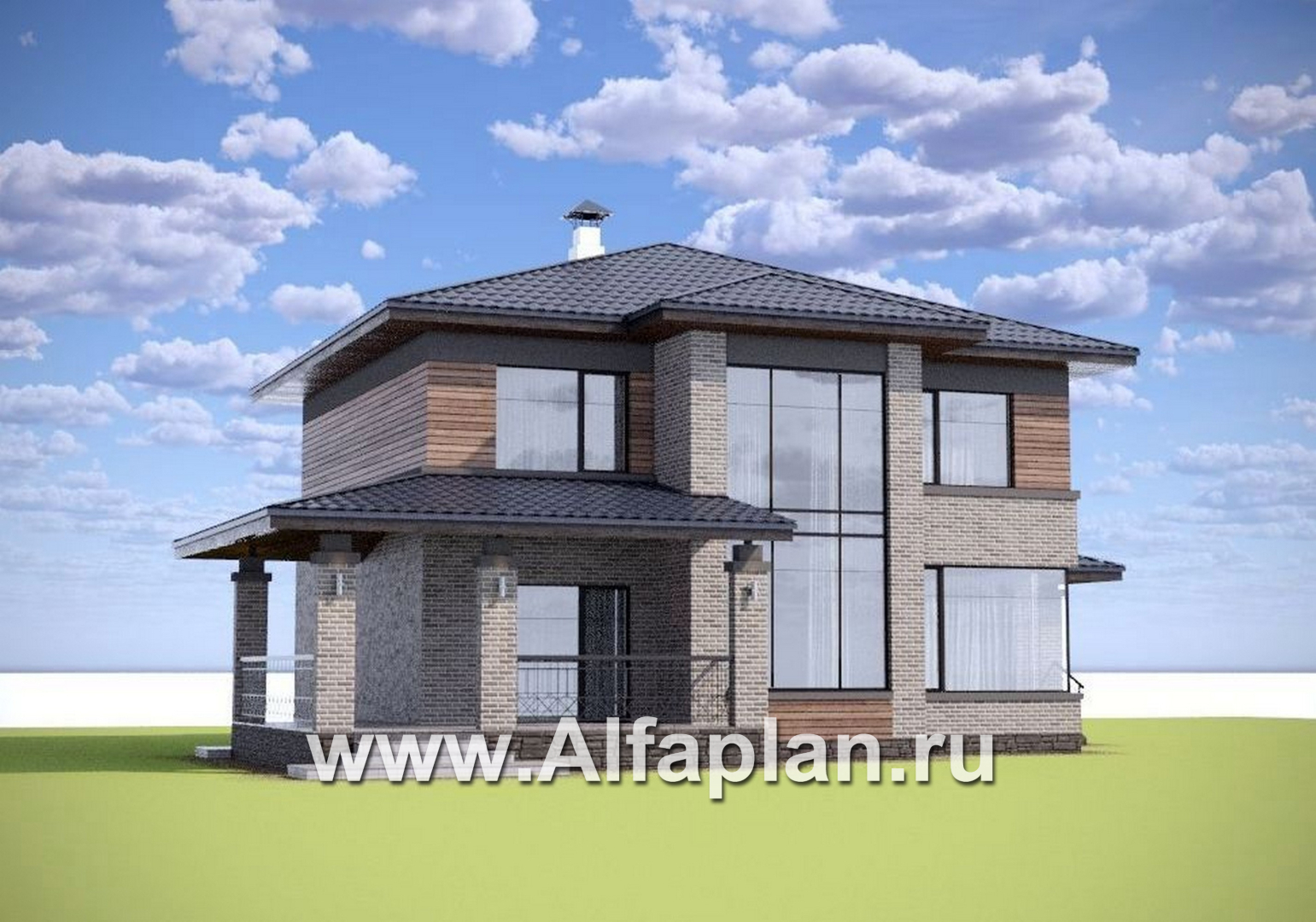 «Триггер роста» - проект двухэтажного дома из блоков, с террасой и вторым светом, в стиле Райта - дизайн дома №1