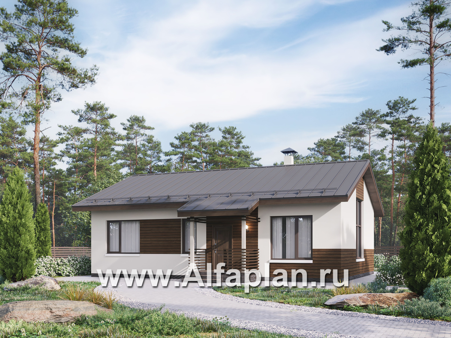 «Пикколо» - проект простого одноэтажного дома, планировка мастер спальня и сауна - основное изображение