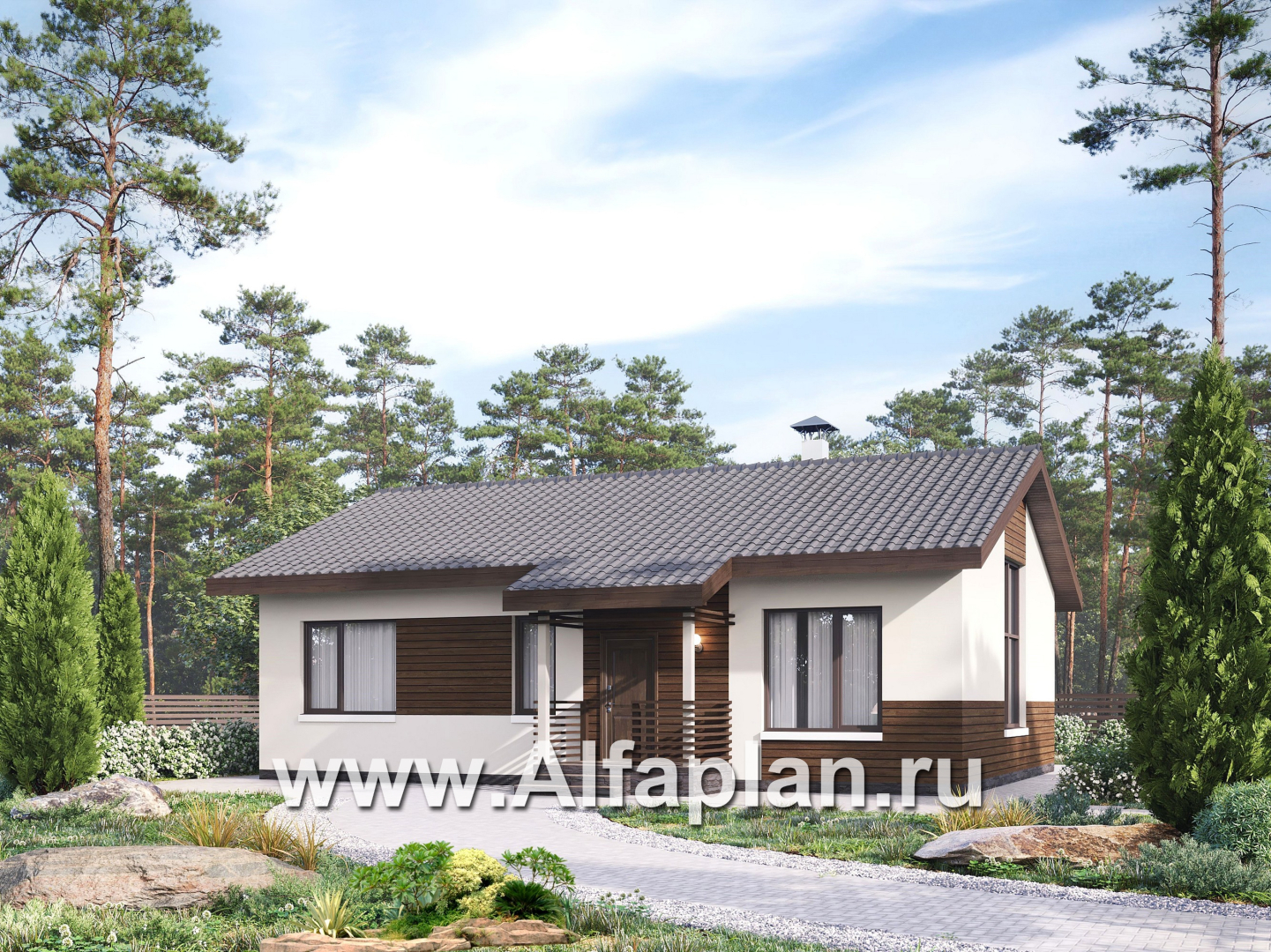 «Пикколо» - проект простого одноэтажного дома, планировка мастер спальня и сауна - дизайн дома №1