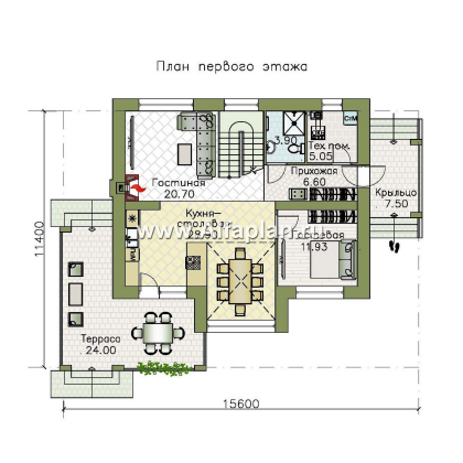 «Компас» - проект двухэтажного коттеджа, план дома со вторым светом и террасой, в стиле Райта - превью план дома