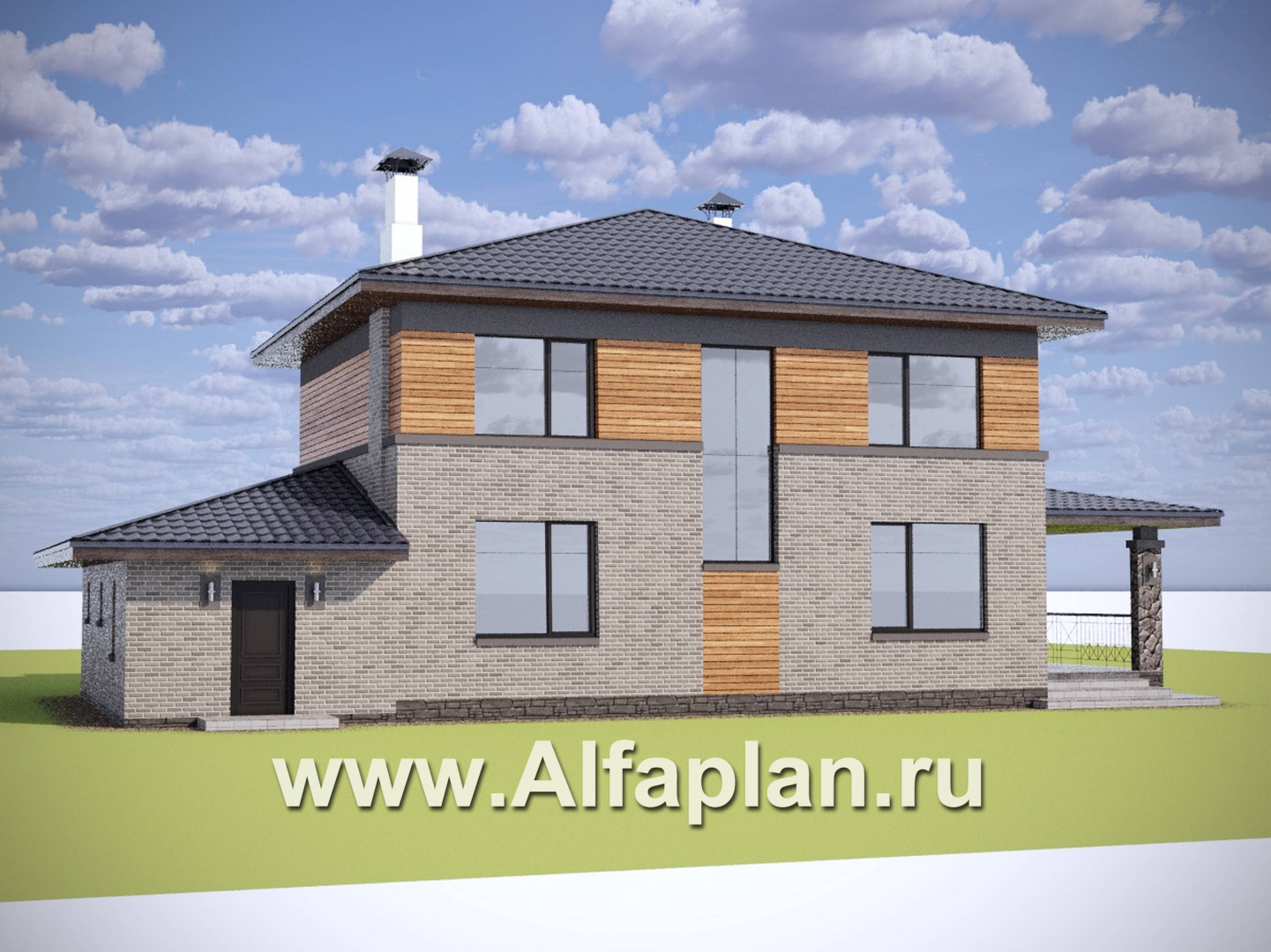 «Компас» - проект двухэтажного дома из газобетона, стеррасой и гаражом, в стиле Райта - дизайн дома №2