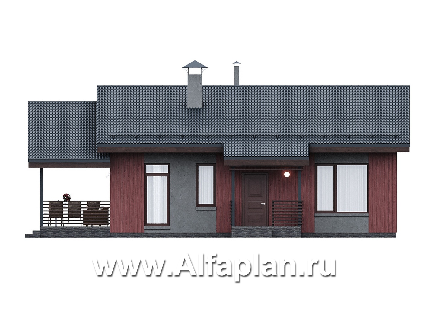 Проекты домов Альфаплан - "Литен" - проект простого одноэтажного дома с комфортной планировкой, с террасой - изображение фасада №1