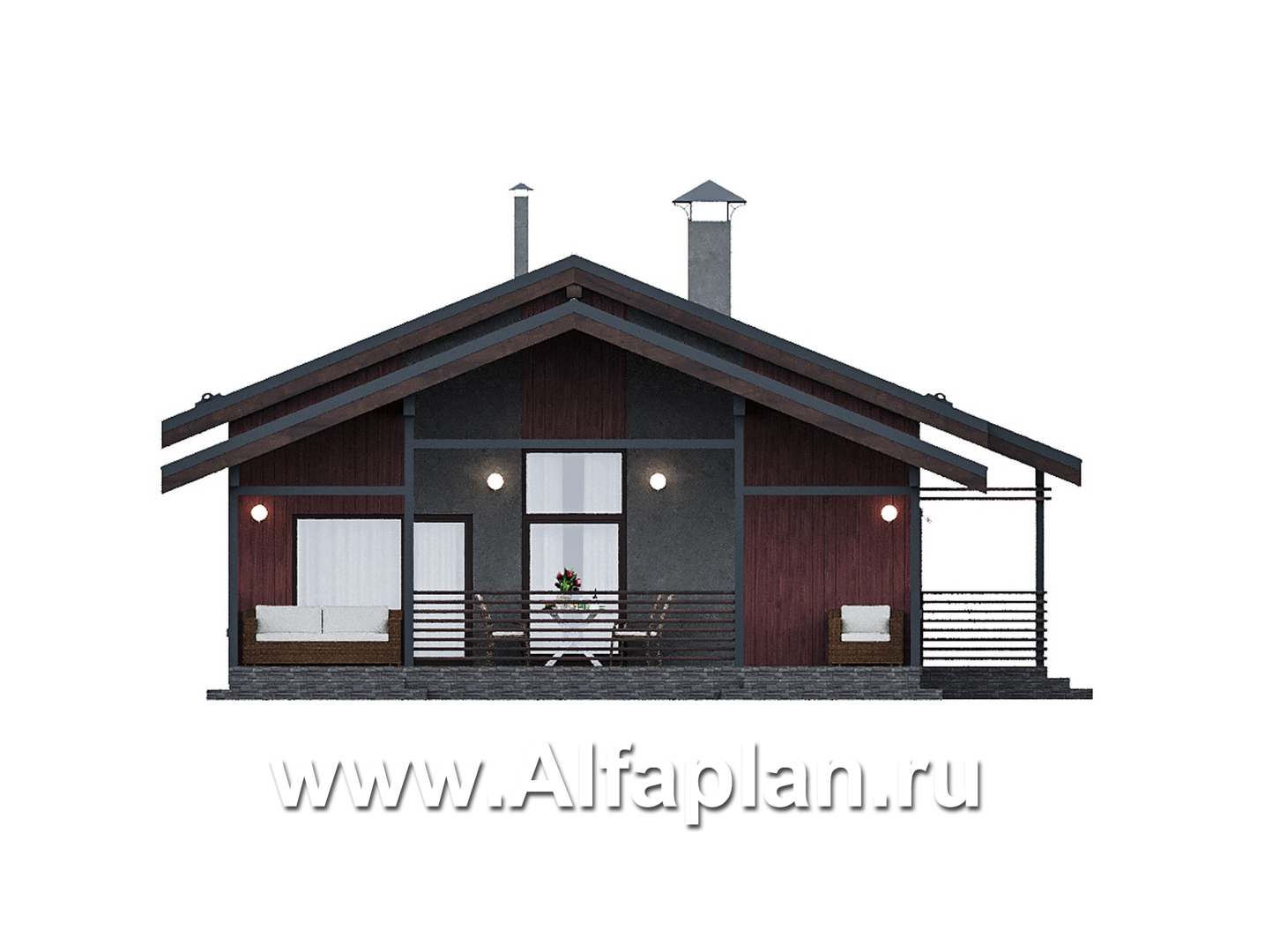 Проекты домов Альфаплан - "Литен" - проект простого одноэтажного дома с комфортной планировкой, с террасой - изображение фасада №3