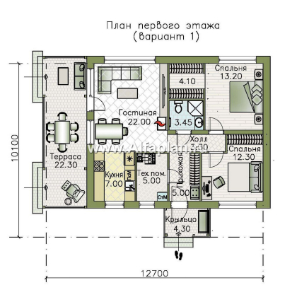 Проекты домов Альфаплан - "Литен" - проект простого одноэтажного дома с комфортной планировкой, с террасой - превью плана проекта №1