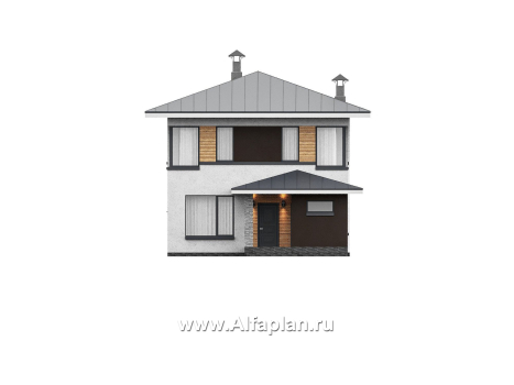 Проекты домов Альфаплан - "Генезис" - проект дома, 2 этажа, с остекленной террасой в стиле Райта - превью фасада №1