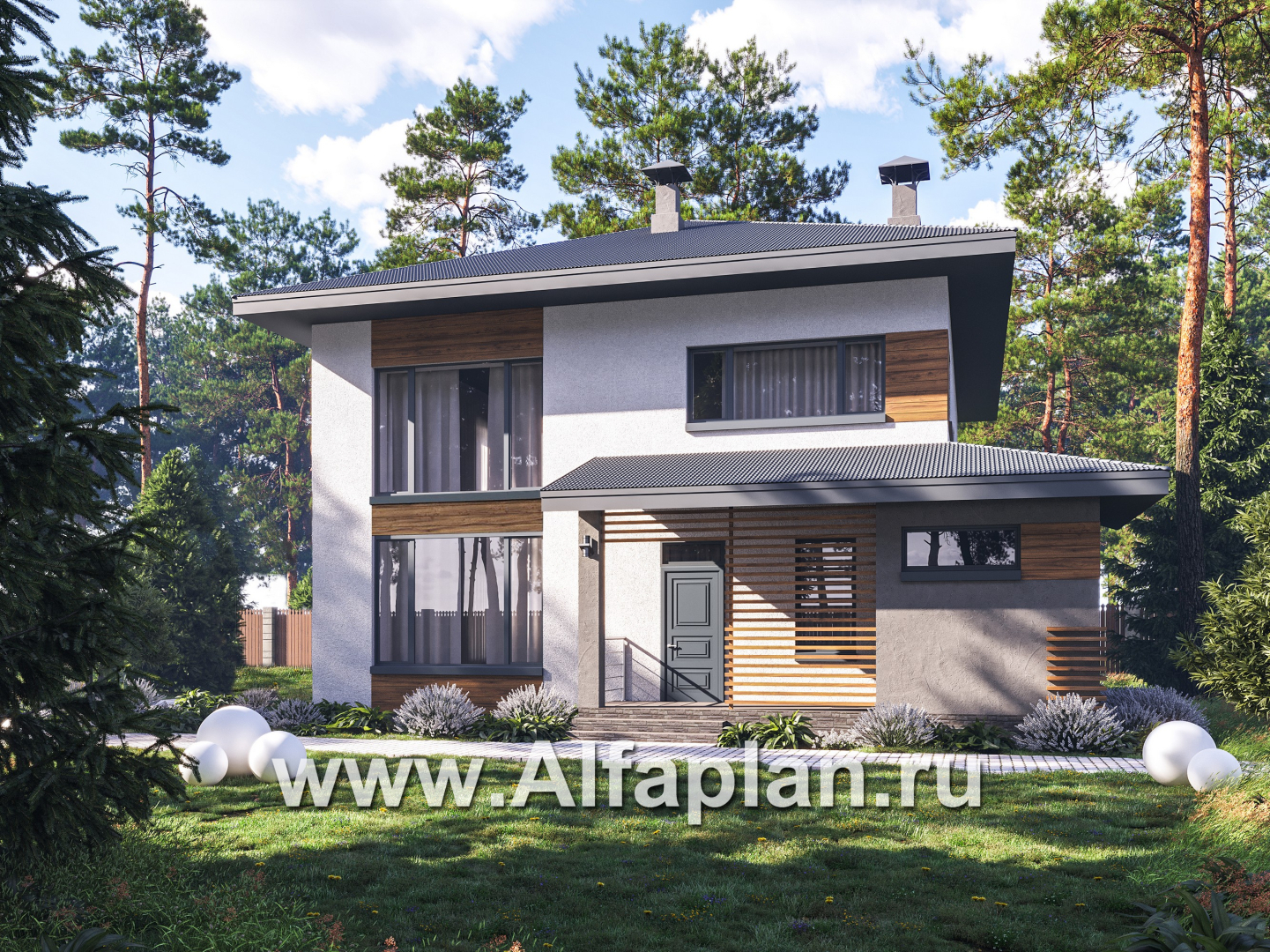 Проекты домов Альфаплан - "Чистая линия"  - проект дома, 2 этажа, мастер спальня, с террасой, в современном стиле - основное изображение