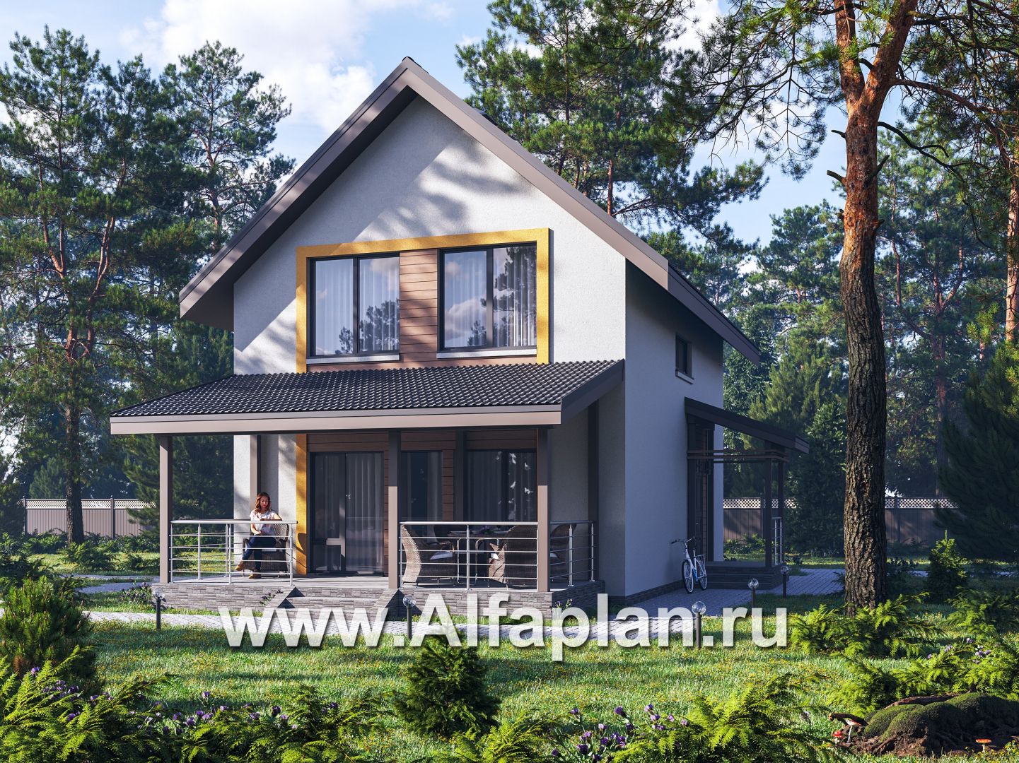 Проекты домов Альфаплан - "Викинг" - проект дома, 2 этажа, с сауной и с террасой, в скандинавском стиле - основное изображение