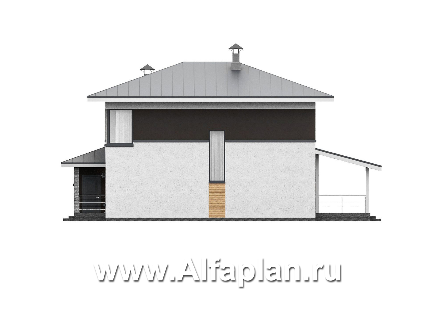 Проекты домов Альфаплан - "Генезис" - проект дома, 2 этажа, с остекленной террасой в стиле Райта - изображение фасада №2