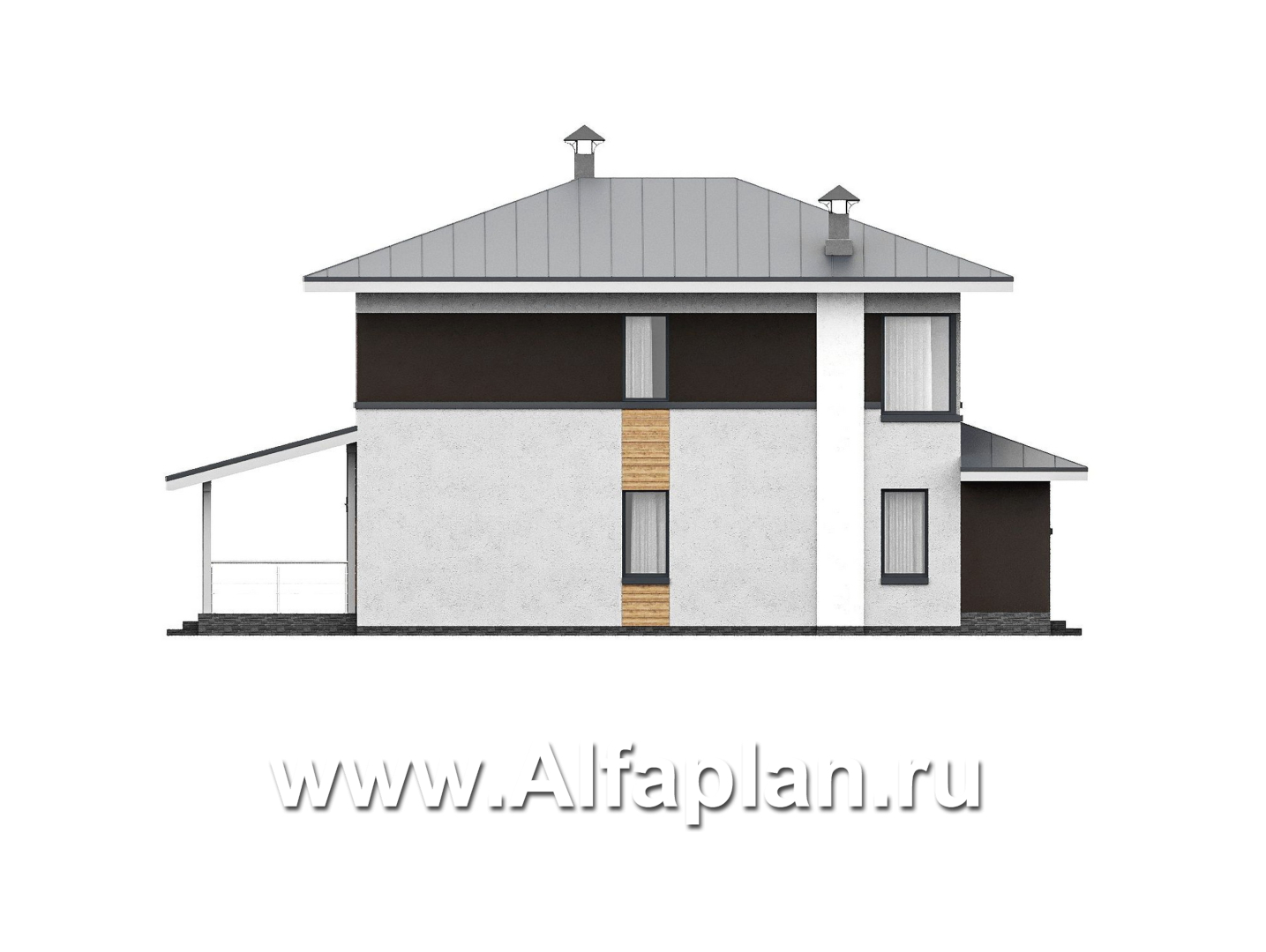 Проекты домов Альфаплан - "Генезис" - проект дома, 2 этажа, с остекленной террасой в стиле Райта - изображение фасада №3