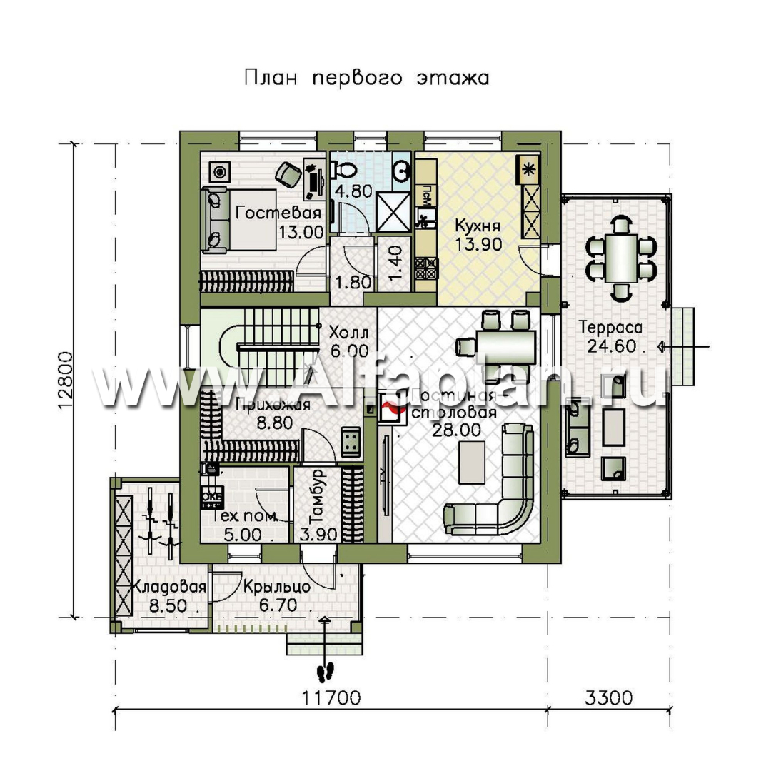 «Коронадо» - проект дома, 2 этажа, с террасой сбоку и плоской крышей, мастер спальня, в стиле хай-тек - план дома