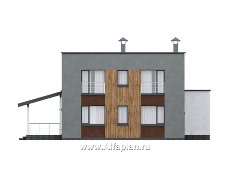 Проекты домов Альфаплан - "Коронадо" - проект дома, 2 этажа, со вторым светом гостиной, с террасой и плоской крышей, в стиле хай-тек - превью фасада №4