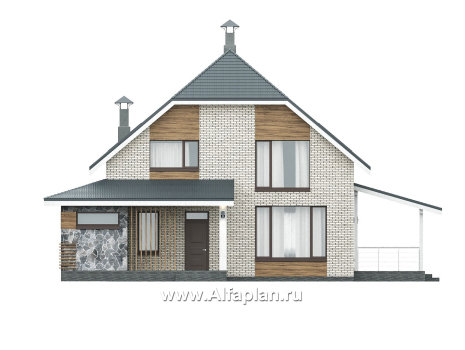 Проекты домов Альфаплан - "Династия" - проект дома с мансардой, с террасой сбоку, мастер спальня - превью фасада №1