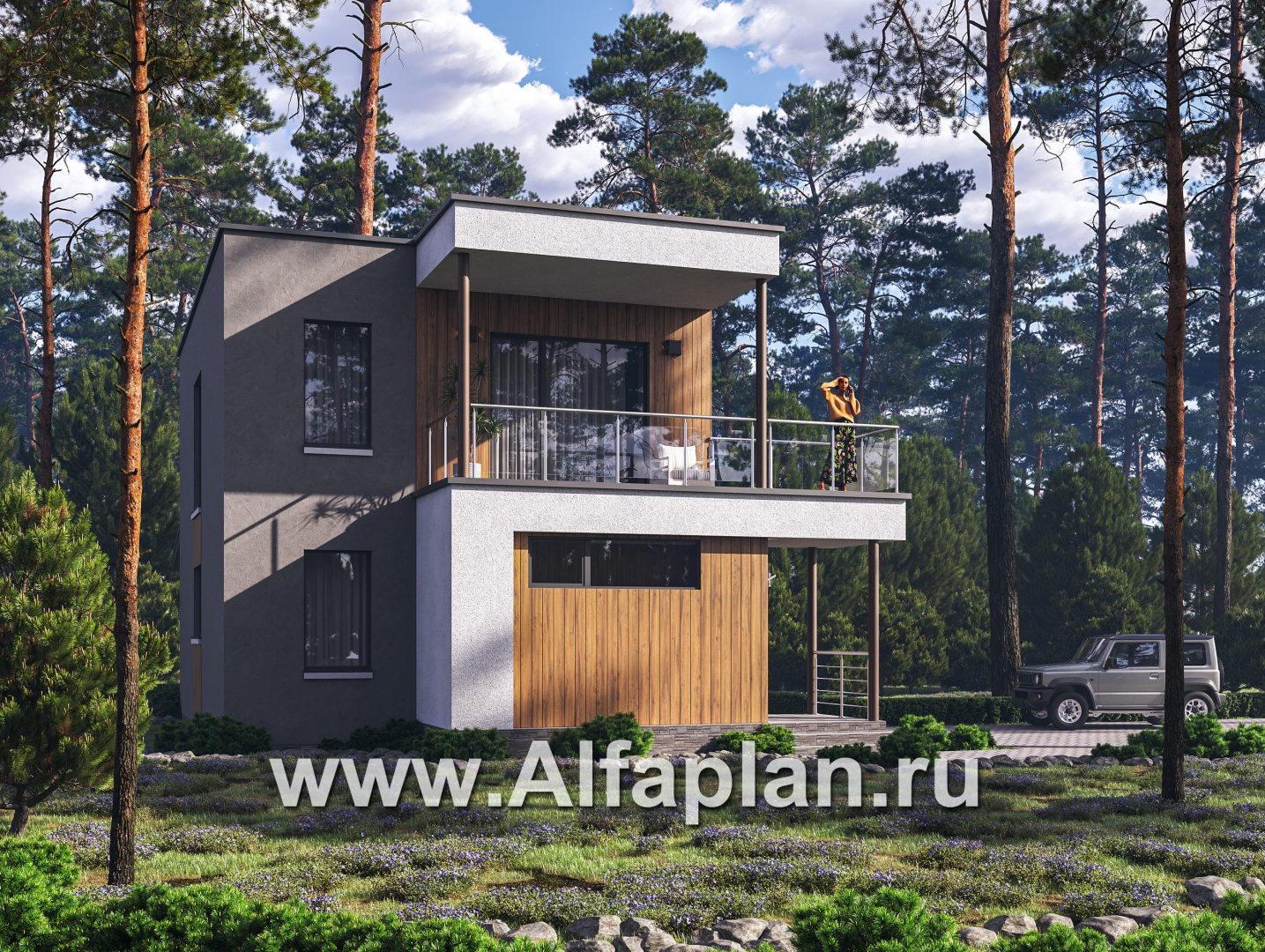 Проекты домов Альфаплан - "Викинг" - проект дома, 2 этажа, с сауной и с террасой, в стиле хай-тек - основное изображение