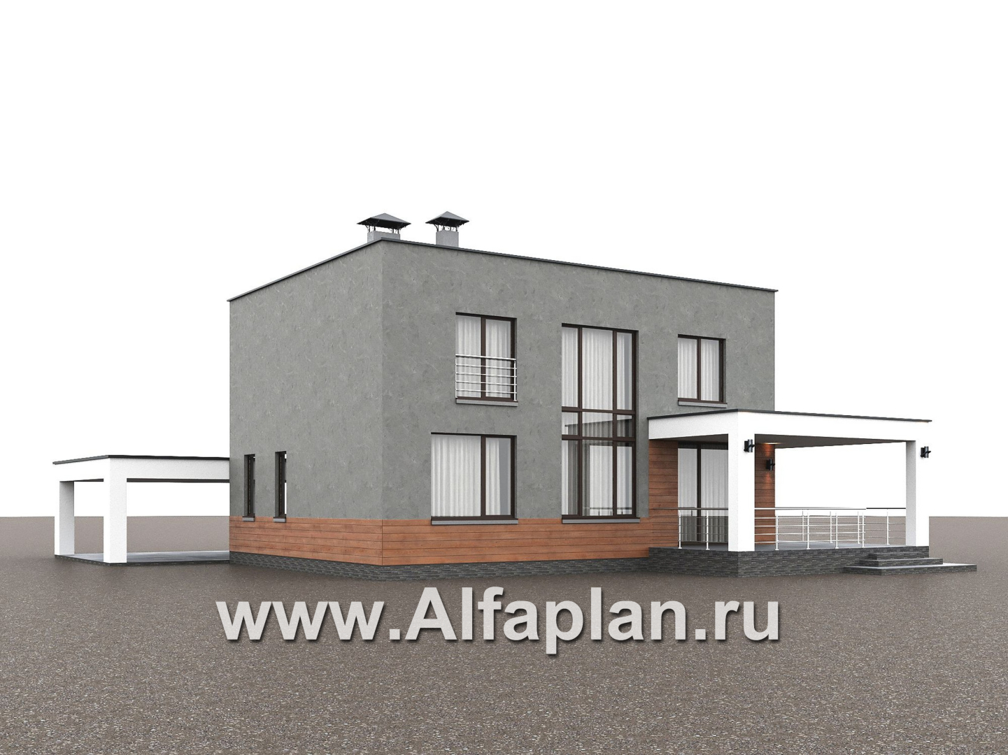 «Вермеер» - проект двухэтажного дома, планировка с мастер спальней, со вторым светом и с террасой, в стиле минимализм с плоской крышей - дизайн дома №4