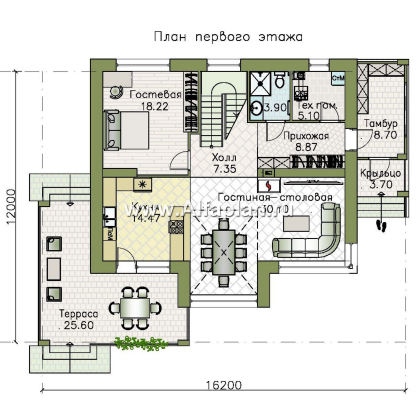 «Селектум» - красивый проект двухэтажного дома, планировка с мастер спальней, двусветная столовая, плоская крыша, в стиле минимализм - превью план дома