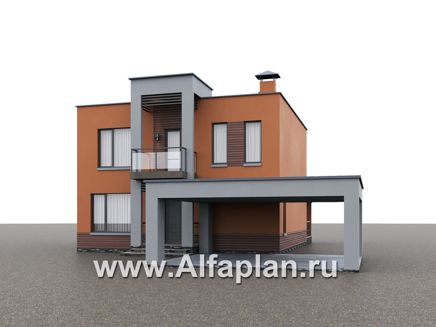 «Невада» - проект двухэтажного дома из газобетона, с террасой, навес на 2 авто, с плоской крышей в стиле минимализм - дизайн дома №1