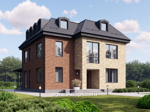 Превью проекта «Проект двухэтажного дома, с мансардой, планировка с террасой и с биллиардной, в современном стиле»