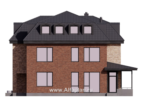 Проект двухэтажного дома, с мансардой, планировка с террасой и с биллиардной, в современном стиле - превью фасада дома