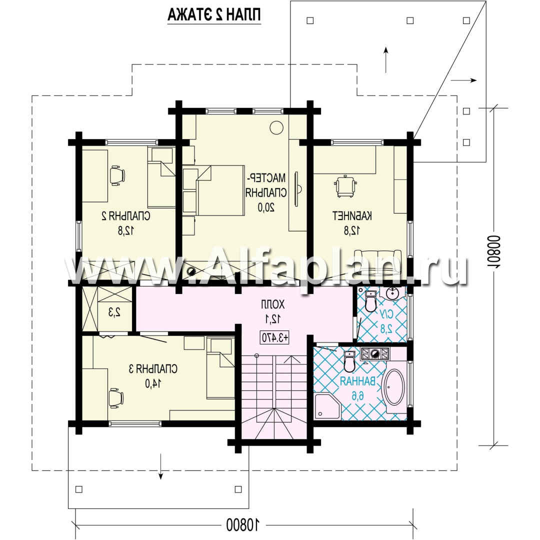 Проект двухэтажного дома из клееного бруса, планировка со спальней на 1 эт, с террасой - план дома