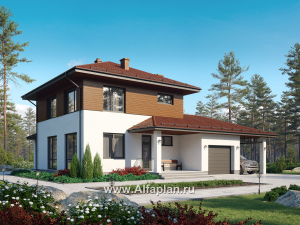 Проект загородного дома, c кабинетом на 1 эт и с террасой, гараж на 1 авто + навес на 2 авто