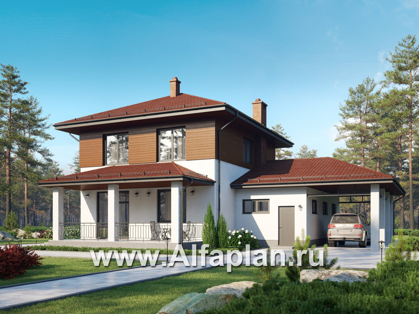 Проект загородного дома, c кабинетом на 1 эт и с террасой, гараж на 1 авто + навес на 2 авто - дизайн дома №1