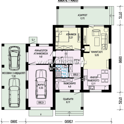 Проект загородного дома, c кабинетом на 1 эт и с террасой, гараж на 1 авто + навес на 2 авто - превью план дома