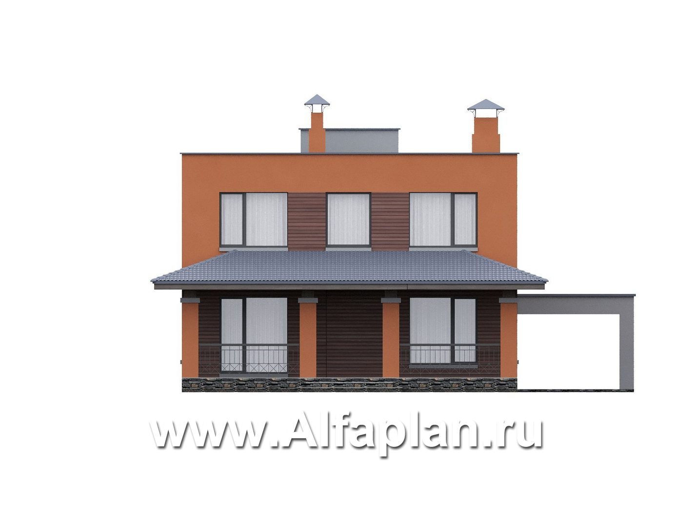 «Невада» - проект двухэтажного дома из газобетона, с террасой, навес на 2 авто, с плоской крышей в стиле минимализм - фасад дома