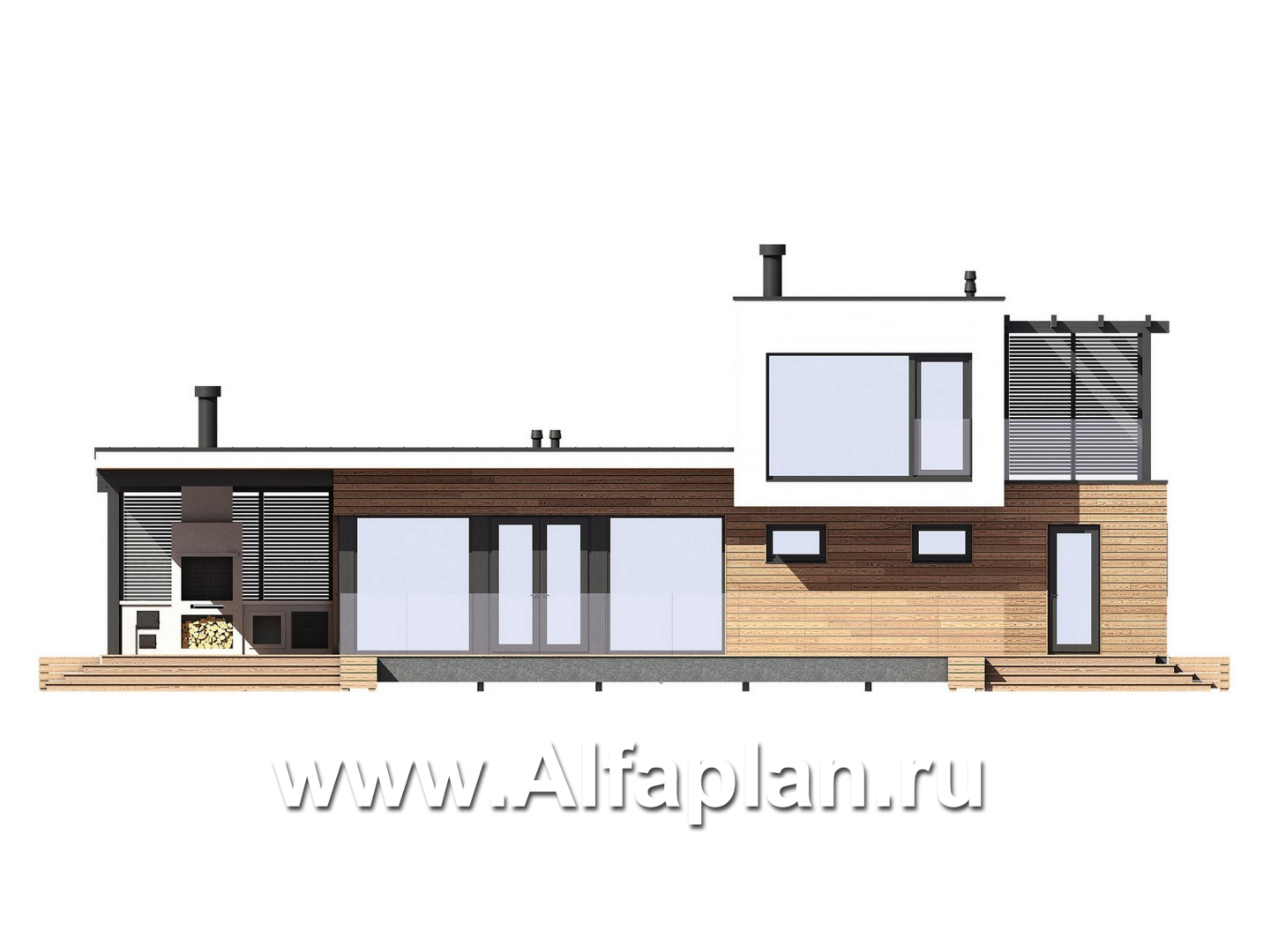 Проект бани, дома для отдыха в стиле хай-тек, с террасой и с плоской крышей - фасад дома
