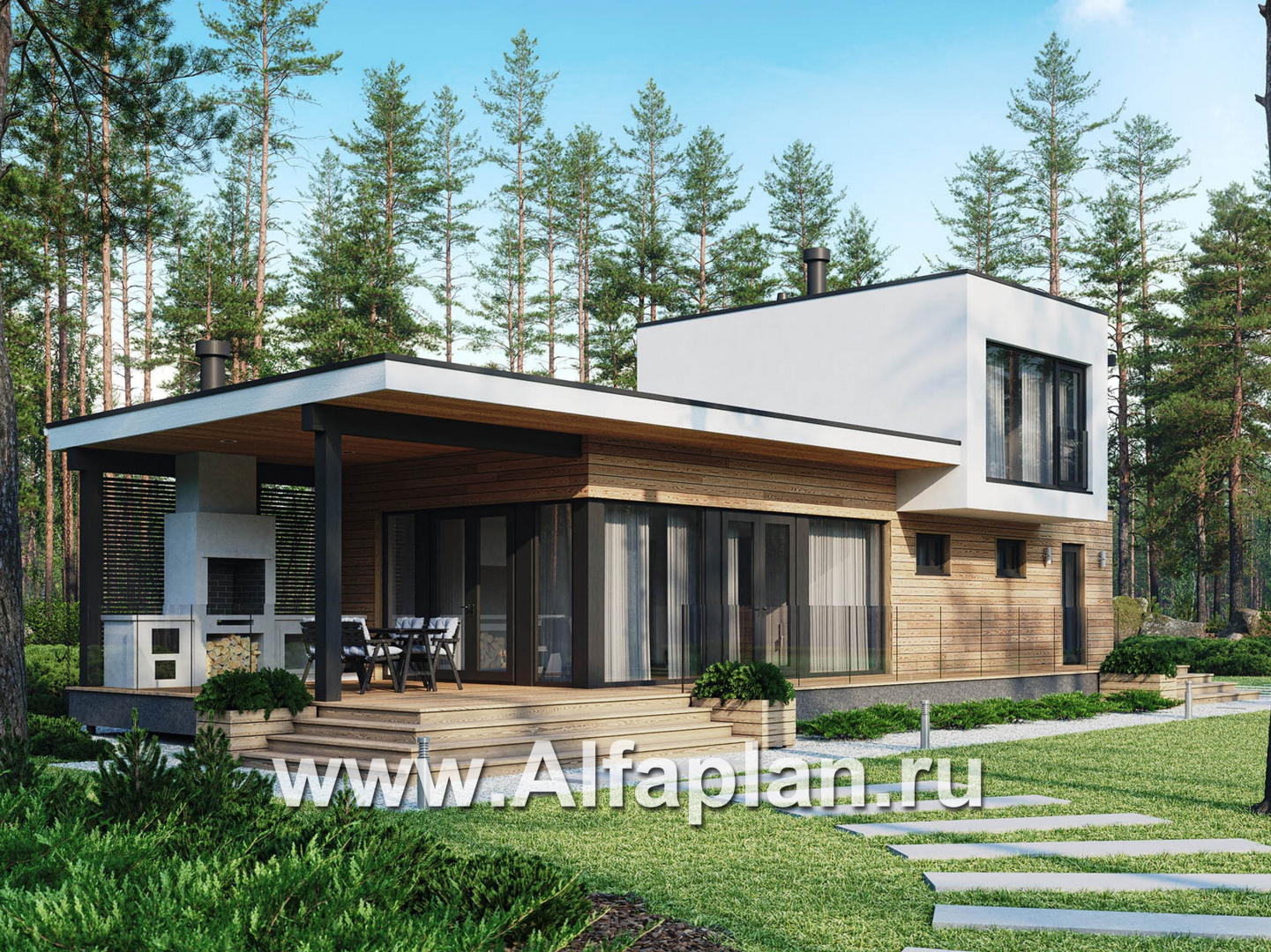 Проект бани, дома для отдыха в стиле хай-тек, с террасой и с плоской крышей - основное изображение