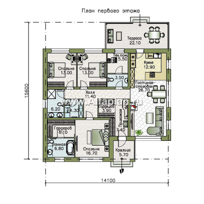 «Глория» - проект одноэтажного дома, c террасой, планировка мастер спальня, гардероб и постирочная, 3 спальни - превью план дома