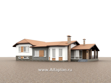 «Ной и команда» - проект полутораэтажного коттеджа, планировка мастер спальня, с эркером и с террасой, с сауной в цоколе - превью дополнительного изображения №1