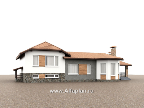 «Ной и команда» - проект полутораэтажного коттеджа, планировка мастер спальня, с эркером и с террасой, с сауной в цоколе - превью дополнительного изображения №2