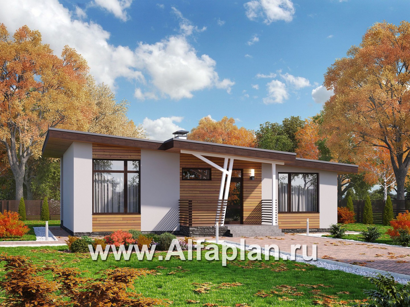 Проекты домов Альфаплан - «Вита» - загородный каркасный дом с террасой - основное изображение