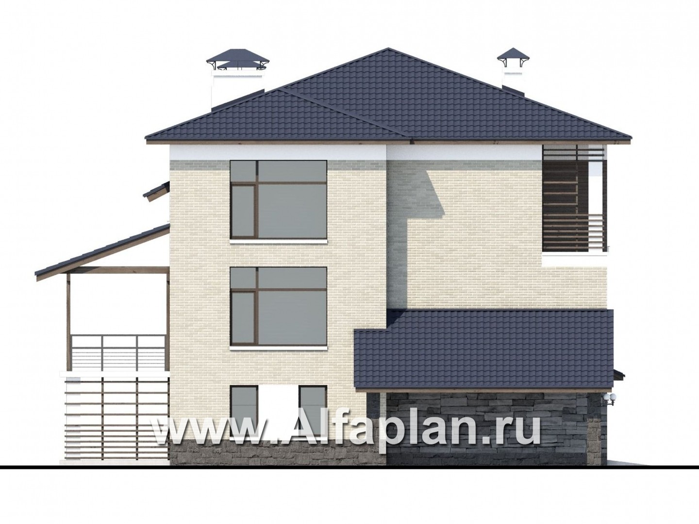 Проекты домов Альфаплан - «Линия горизонта» - современный коттедж с гаражом в цоколе - изображение фасада №3